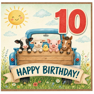 Mum 10th Birthday Card, Cute Farm Animals Truck Happy Birthday Card