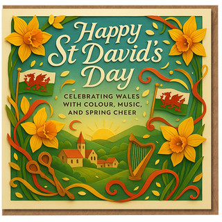 Happy St David's Day Card - Welsh Daffodils, Dragon Flags and Harp - Celebrating Wales with Colour, Music and Spring Cheer