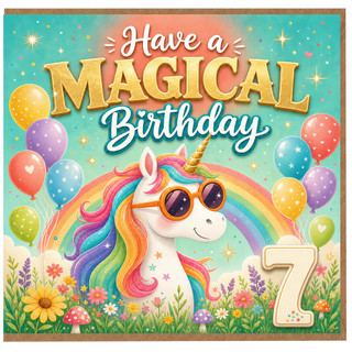 7th Birthday Card, Magical Unicorn Birthday Card