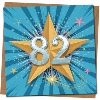 82nd Birthday Card - Starburst Design - 145mm x 145mm - Bright Blue and Gold Star - Celebration Greeting Card, Includes Kraft Envelope
