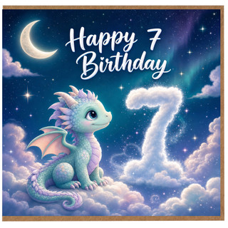 7th Birthday Card, Cute Dragon and Moon Design