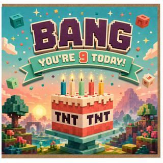 9th Birthday Card, Bang You're 9 Today Pixel Art Birthday Card