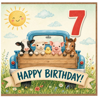 7th Birthday Card, Cute Farm Animals Happy Birthday Card