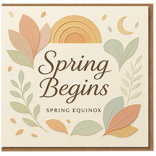 Spring Begins Spring Equinox Greeting Card - Pastel Leaves, Sun and Moon Design - Seasonal Nature Card