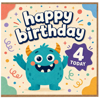 4th Birthday Card, Cute Monster Happy Birthday Card