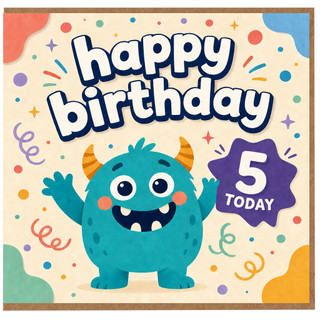 5th Birthday Card, Cute Monster Happy Birthday Card for 5 Year Old