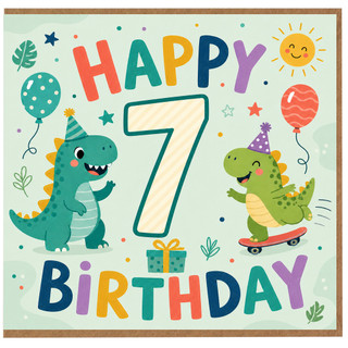 7th Birthday Card, Cute Dinosaur Birthday Card