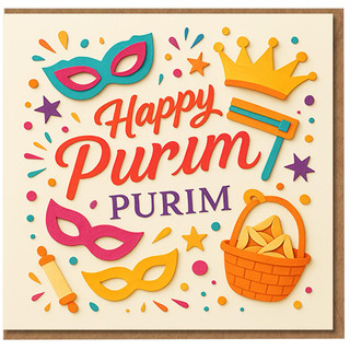 Happy Purim Greeting Card - Colourful Festive Design with Masks, Crown, Grogger and Hamantaschen Basket - Jewish Holiday Celebration Card