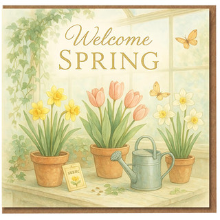 Welcome Spring Greeting Card - Watercolour Greenhouse Scene with Tulips, Daffodils and Butterflies - Seasonal Card for Friends, Family or Garden Lovers