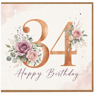 34th Birthday Card, Floral Happy Birthday Card