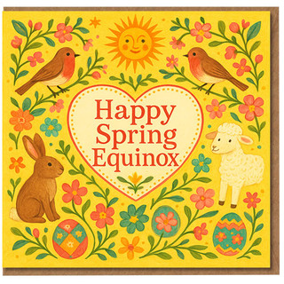 Happy Spring Equinox Card - Cute Sun, Robins, Bunny, Lamb and Floral Eggs Illustration - Seasonal Greeting