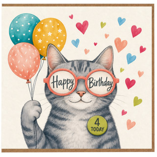 4th Birthday Card, Cute Cat Birthday Card