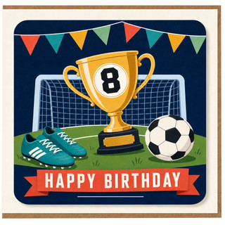 8th Birthday Card, Football Trophy, Boots and Ball