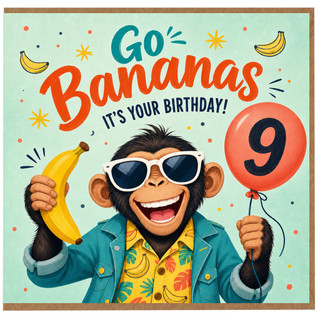 9th Birthday Card, Go Bananas Chimpanzee Banana Balloon Design