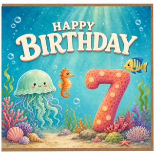 7th Birthday Card, Underwater Ocean Birthday Card with Cute Sea Creatures