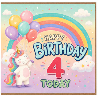 4th Birthday Card, Cute Unicorn Rainbow Birthday Card