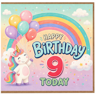 9th Birthday Card, Unicorn Rainbow Happy Birthday 9 Today Card