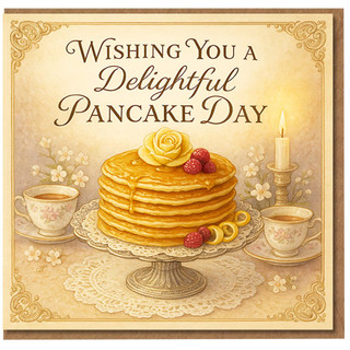 Wishing You a Delightful Pancake Day Card - Elegant Vintage Stack with Syrup, Berries and Lemon Twists - Shrove Tuesday Greeting