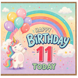 11th Birthday Card, Cute Unicorn and Rainbow Happy Birthday Today Card