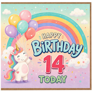 14th Birthday Card, Cute Unicorn and Balloons Happy Birthday 14 Today