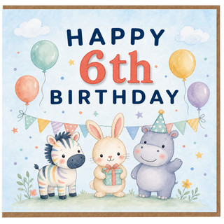 6th Birthday Card, Cute Animal Party Birthday Card
