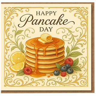Happy Pancake Day Card - Syrup-Drizzled Stack with Butter, Berries and Lemon, Ornate Flourishes - Shrove Tuesday Greeting Card