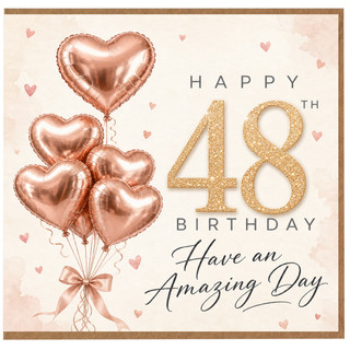 48th Birthday Card, Happy 48th Birthday Card for Her, Rose Gold Heart Balloon Design
