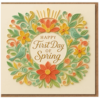 Happy First Day of Spring Greeting Card - Floral Quilling-Style Wreath with Birds and Sunshine - Elegant Seasonal Card