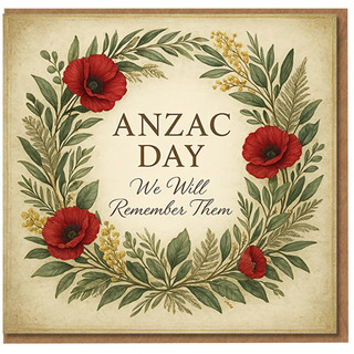 ANZAC Day Remembrance Card - We Will Remember Them - Red Poppies Wreath Memorial Card for Commemoration and Lest We Forget