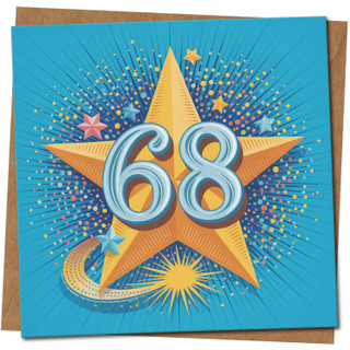 68th Birthday Card, Star Design, 145mm x 145mm Square Greeting Card, Bright Blue Confetti, Includes Kraft Envelope