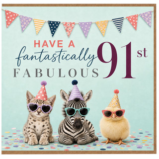 91st Birthday Card, Have a Fantastically 91st Fabulous Card, Cute Party Animals Birthday Card