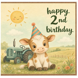 2nd Birthday Card, Cute Calf Farm Tractor Birthday Card
