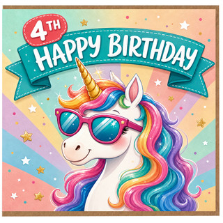 4th Birthday Card, Unicorn Happy Birthday Card