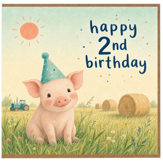 2nd Birthday Card, Cute Piglet Farm Party Card