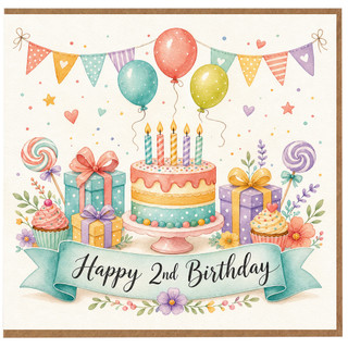 2nd Birthday Card, Cute Pastel Cake and Balloons Birthday Card