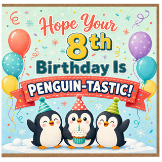 8th Birthday Card, Penguin - Themed Birthday Card for 8 Year Old