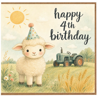 4th Birthday Card, Cute Sheep and Tractor Farm Birthday Card