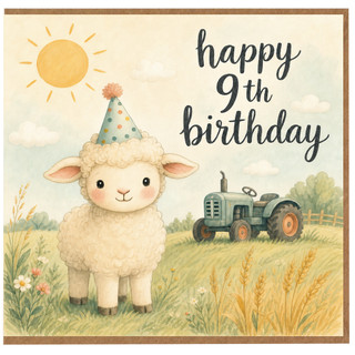 9th Birthday Card, Cute Farm Sheep and Tractor Birthday Card