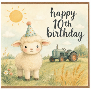 10th Birthday Card, Cute Sheep Farm Tractor Birthday Card