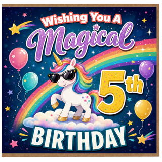 5th Birthday Card, Magical Unicorn Rainbow Birthday Card