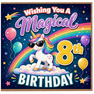 8th Birthday Card, Magical Unicorn Rainbow Birthday Card