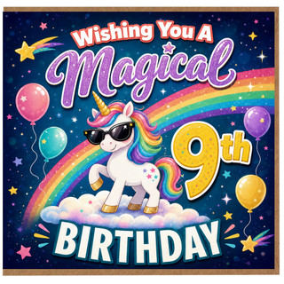 9th Birthday Card, Magical Unicorn Birthday Card