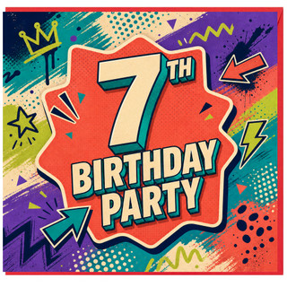 7th Birthday Card, 7th Birthday Party Card
