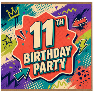 11th Birthday Card, Birthday Party Comic Style Celebration Card