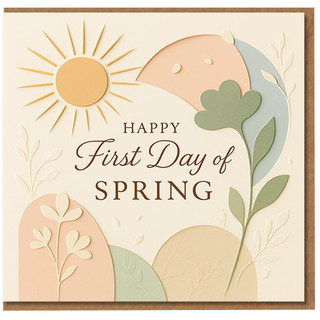 Happy First Day of Spring Greeting Card - Pastel Sun and Botanical Shapes, Elegant Seasonal Card for Welcoming Spring and New Beginnings