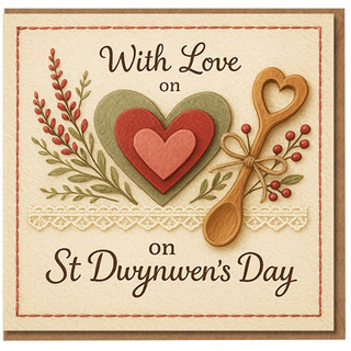 St Dwynwen's Day Card - With Love - Welsh Lovespoon Hearts and Lace Design - Romantic Welsh Greeting