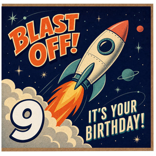 9th Birthday Card, Rocket Blast Off Space Birthday Card
