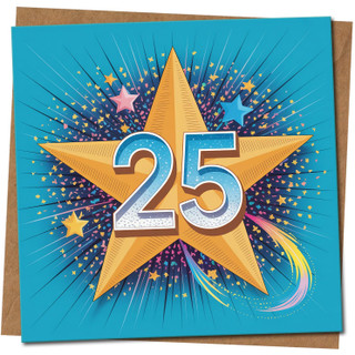 25th Birthday Card - Starburst Gold Star on Blue, 145mm x 145mm - Milestone Age Twenty-Five Card, Includes Kraft Envelope
