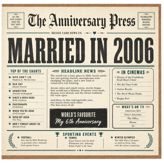 6th Birthday Card, Married in 2006 Vintage Newspaper Style Card