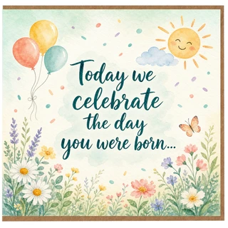 Birthday Card, Today We Celebrate the Day You Were Born, Watercolour Floral Balloon Birthday Card